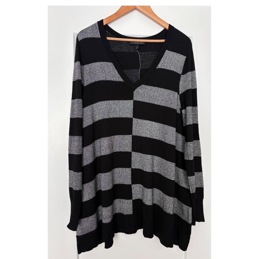 Lane‎ Bryant Metallic Silver Shimmer Striped Sweater V-Neck Tunic Slouchy 14/16